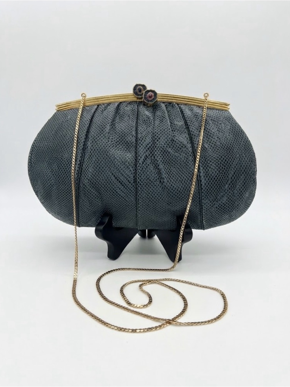 VTG 80s Judith Leiber Dark Teal Blue Snakeskin Frame Clutch Bag Gold Chain Strap